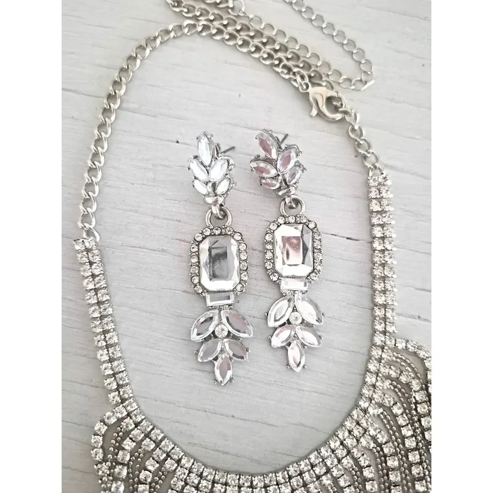 Long Rhinestone Bib Necklace with Earrings Set